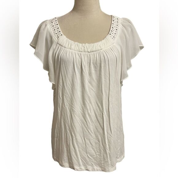 AGB White Blouse w/Sheer Flutter Sleeves & Silver Bejeweled Neckline (Size: Med) - Picture 1 of 12